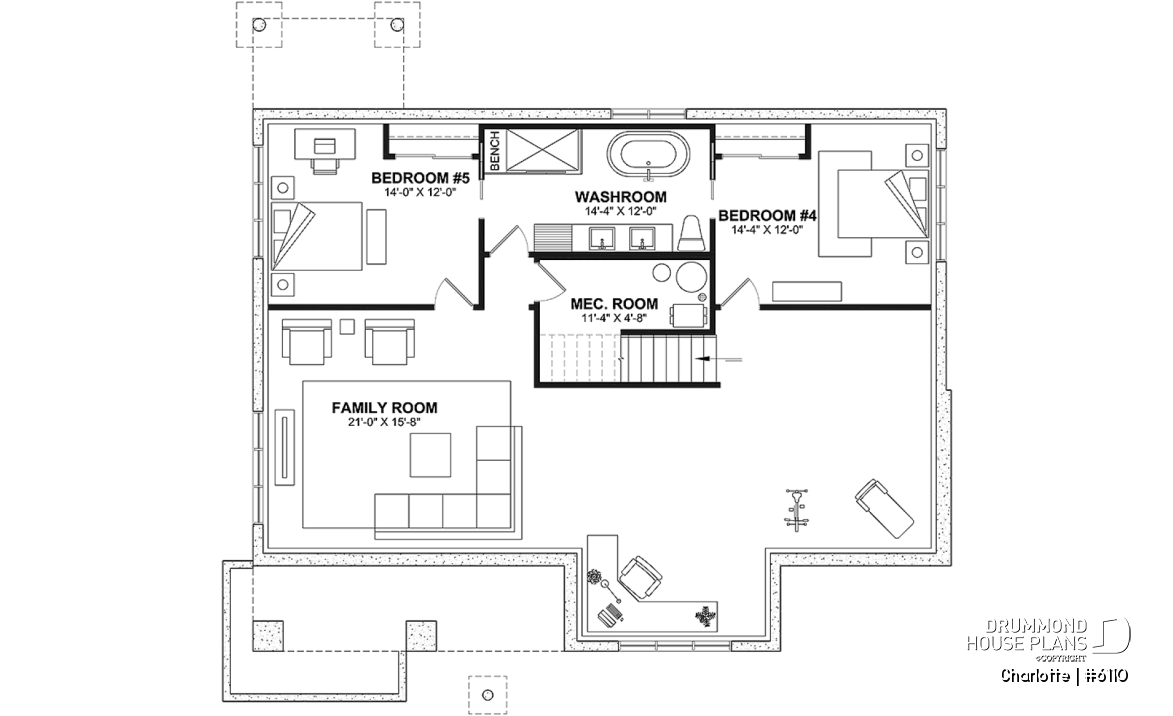 Finished basement (Optional $) - Country ranch house plan with 3 bedrooms on main floor and up to 2 more beds on finished basement (optional $) - Charlotte