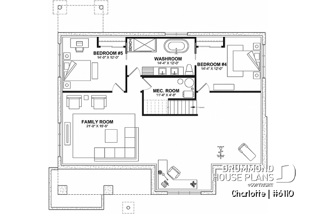 Finished basement (Optional $) - Country ranch house plan with 3 bedrooms on main floor and up to 2 more beds on finished basement (optional $) - Charlotte