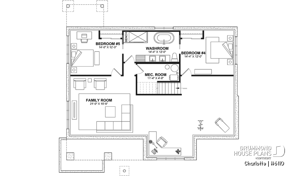 Finished basement (Optional $) - Country ranch house plan with 3 bedrooms on main floor and up to 2 more beds on finished basement (optional $) - Charlotte