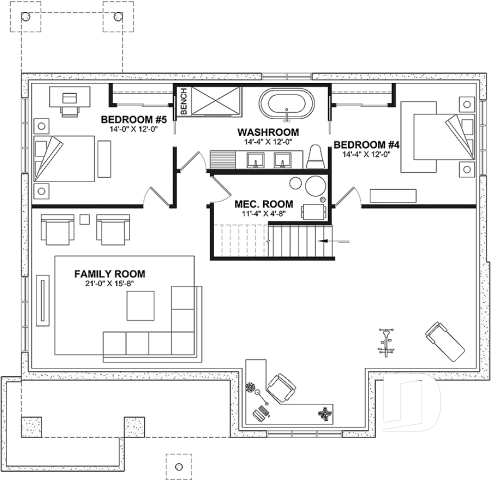 Finished basement (Optional $) - Country ranch house plan with 3 bedrooms on main floor and up to 2 more beds on finished basement (optional $) - Charlotte