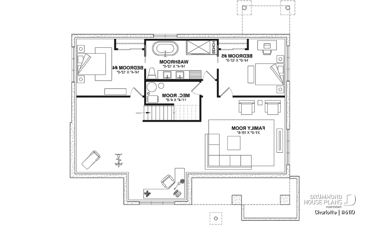 Finished basement (Optional $) - Country ranch house plan with 3 bedrooms on main floor and up to 2 more beds on finished basement (optional $) - Charlotte