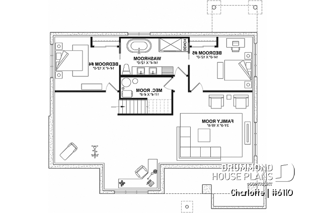 Finished basement (Optional $) - Country ranch house plan with 3 bedrooms on main floor and up to 2 more beds on finished basement (optional $) - Charlotte