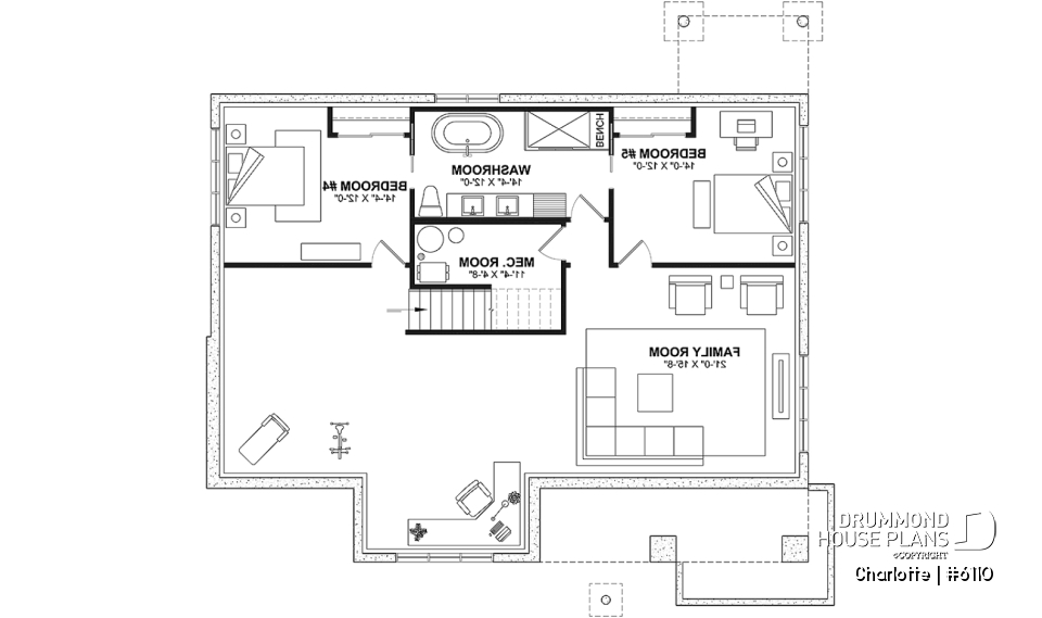 Finished basement (Optional $) - Country ranch house plan with 3 bedrooms on main floor and up to 2 more beds on finished basement (optional $) - Charlotte