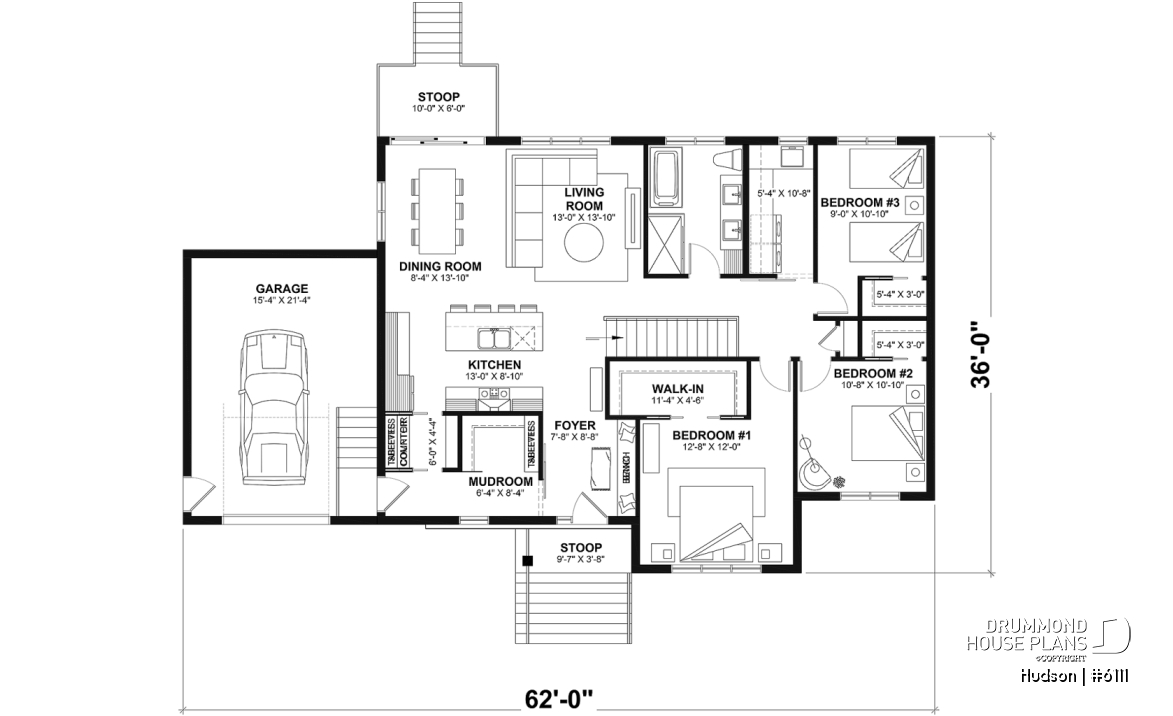 1st level - Home Design from the Maibec X Drummond House Plans' Collection Featuring: 3 Beds, Garage, Mudroom - Hudson