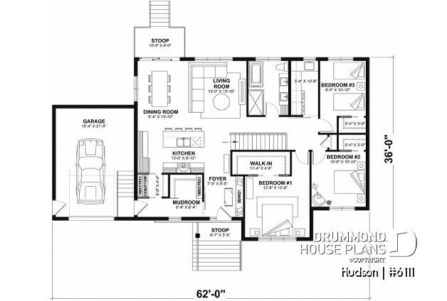 1st level - House plan from the Maibec X Drummond House Plans' collection featuring: 3 beds, garage, mudroom - Hudson