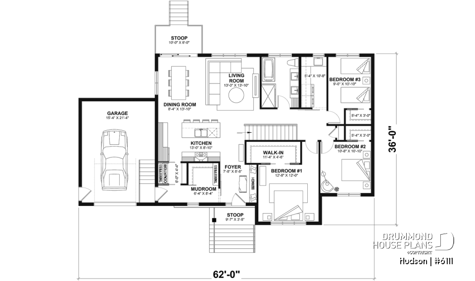 1st level - Home Design from the Maibec X Drummond House Plans' Collection Featuring: 3 Beds, Garage, Mudroom - Hudson