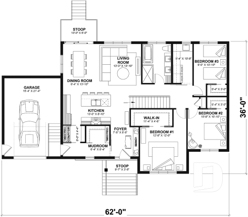 1st level - Home Design from the Maibec X Drummond House Plans' Collection Featuring: 3 Beds, Garage, Mudroom - Hudson
