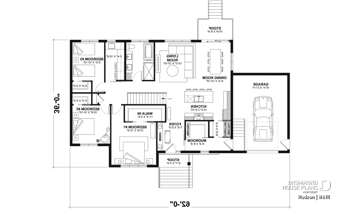 1st level - Home Design from the Maibec X Drummond House Plans' Collection Featuring: 3 Beds, Garage, Mudroom - Hudson