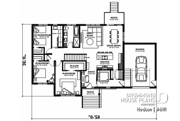 1st level - House plan from the Maibec X Drummond House Plans' collection featuring: 3 beds, garage, mudroom - Hudson