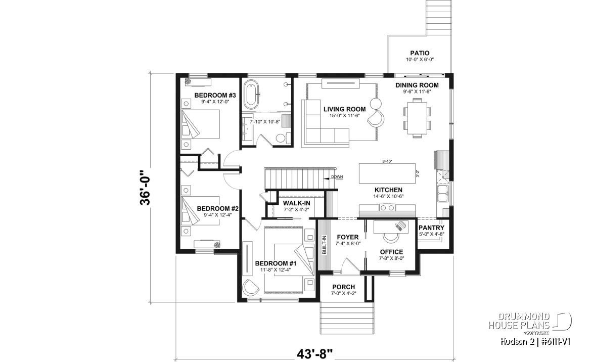 1st level - Modern Small Ranch House Plan with 3 Main-Floor Bedrooms and Up to 5 Bedrooms - Hudson 2