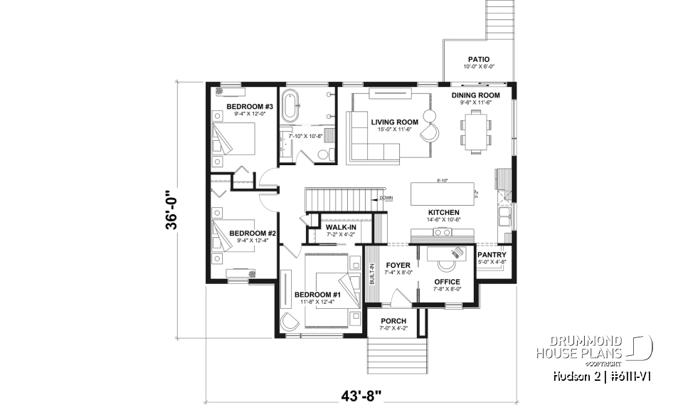 1st level - Modern Small Ranch House Plan with 3 Main-Floor Bedrooms and Up to 5 Bedrooms - Hudson 2