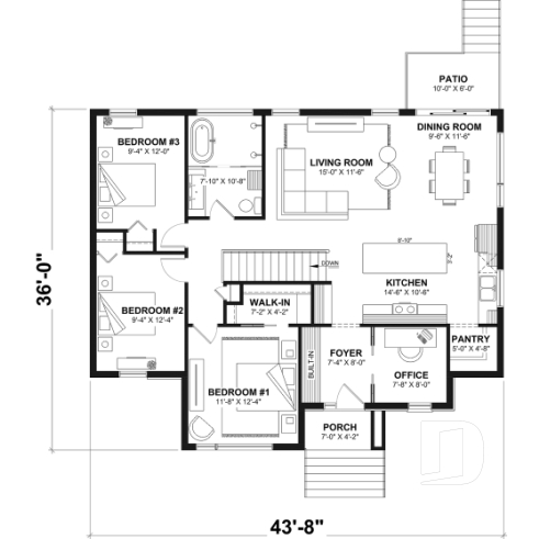 1st level - Modern Small Ranch House Plan with 3 Main-Floor Bedrooms and Up to 5 Bedrooms - Hudson 2