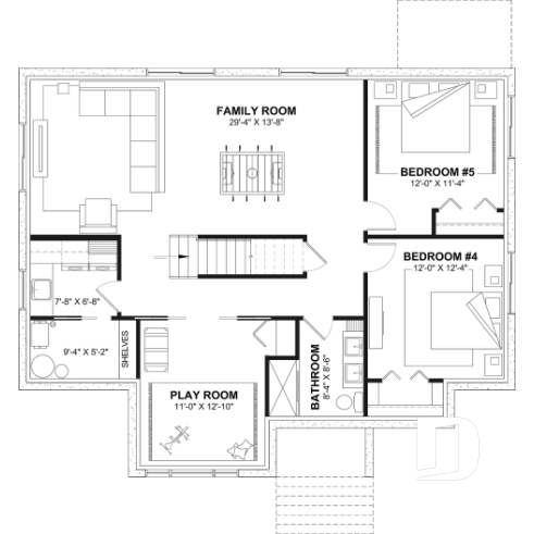 Finished basement (Optional $) - Modern Small Ranch House Plan with 3 Main-Floor Bedrooms and Up to 5 Bedrooms - Hudson 2