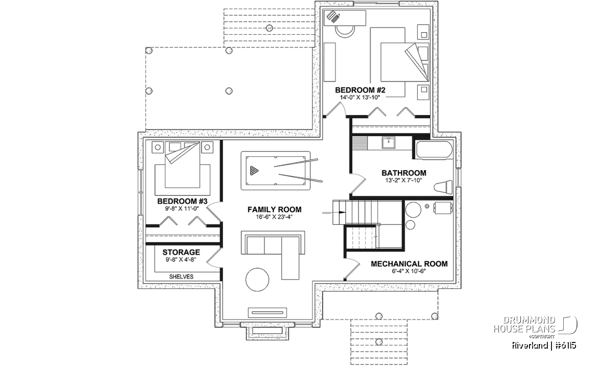 Finished basement (Optional $) - Modern Farmhouse Home Plan – Covered Porches, 1 to 3 Bedrooms, and Inviting Family Living Spaces - Riverland
