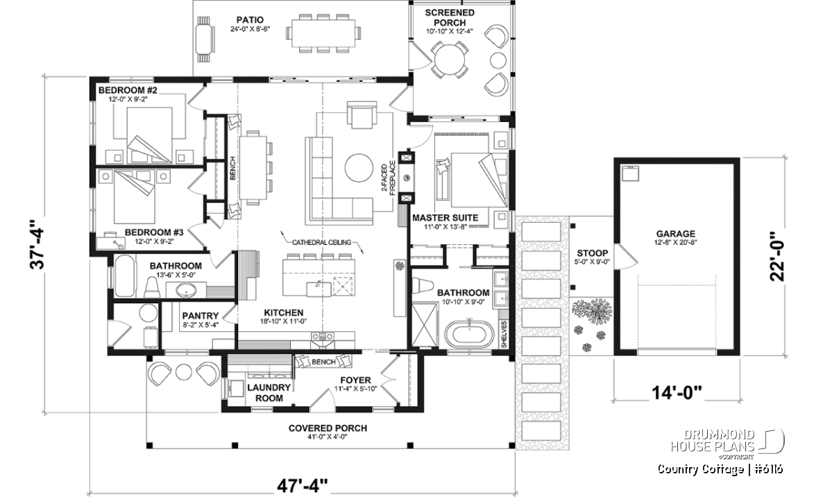 1st level - Country style one-story home on a slab, 3 beds, screened-in porch - Country Cottage