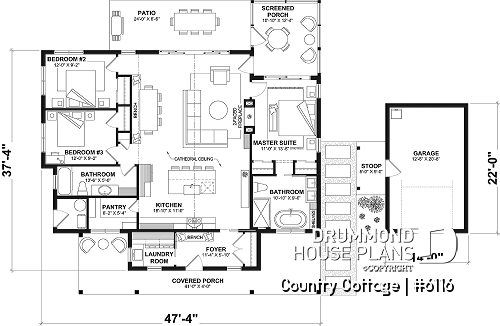 1st level - Country style one-story home on a slab, 3 beds, screened-in porch - Country Cottage