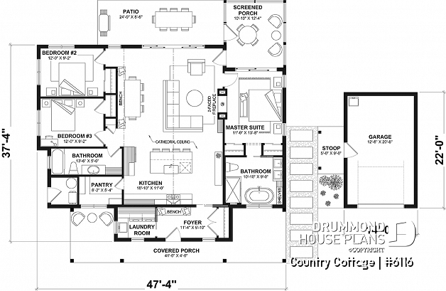 1st level - Country style one-story home on a slab, 3 beds, screened-in porch - Country Cottage