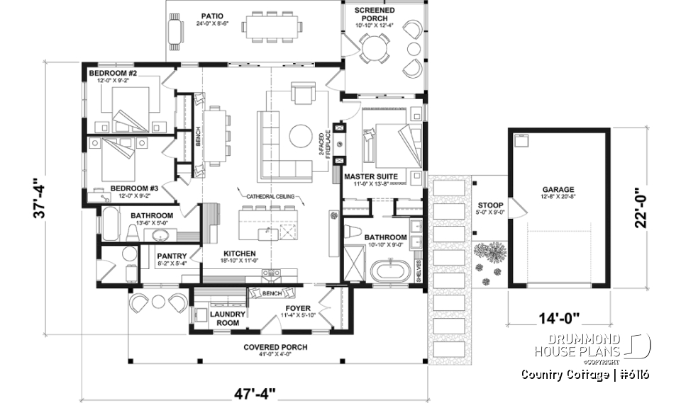 1st level - Country style one-story home on a slab, 3 beds, screened-in porch - Country Cottage