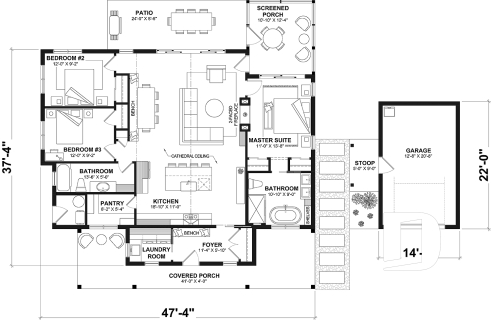 1st level - Country style one-story home on a slab, 3 beds, screened-in porch - Country Cottage