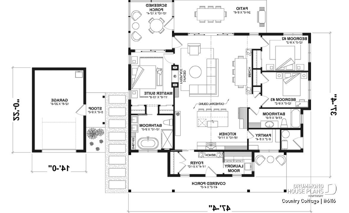 1st level - Country style one-story home on a slab, 3 beds, screened-in porch - Country Cottage