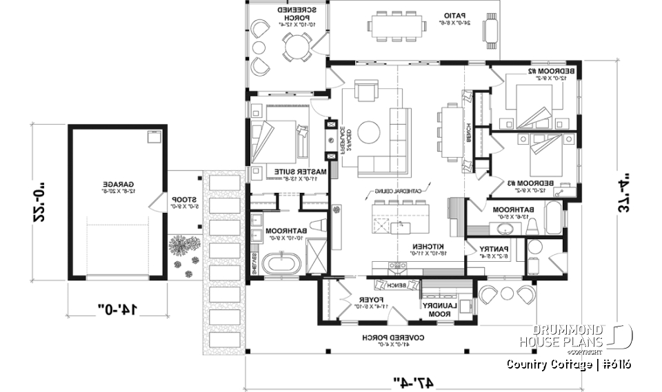 1st level - Country style one-story home on a slab, 3 beds, screened-in porch - Country Cottage