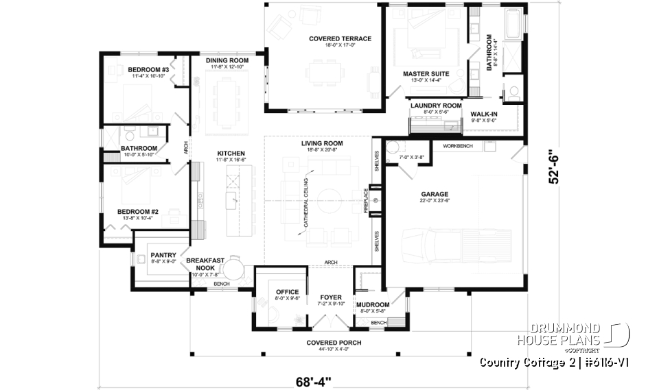 1st level - Modern Farmhouse Ranch Plan with 3 Bedrooms, Double Garage, Fireplace and Covered Outdoor Living - Country Cottage 2