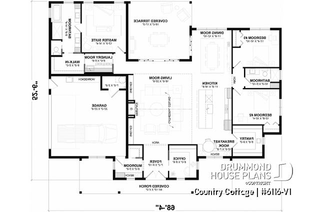1st level - Modern Farmhouse Ranch Plan with 3 Bedrooms, Double Garage, Fireplace and Covered Outdoor Living - Country Cottage