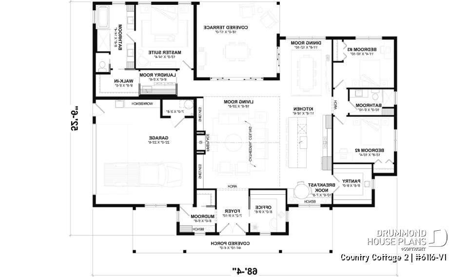1st level - Modern Farmhouse Ranch Plan with 3 Bedrooms, Double Garage, Fireplace and Covered Outdoor Living - Country Cottage 2