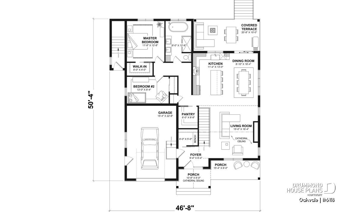 1st level - Country-style house plan with 2 to 4 bedrooms, optional finished basement ($), garage, open floor plan - Oakvale