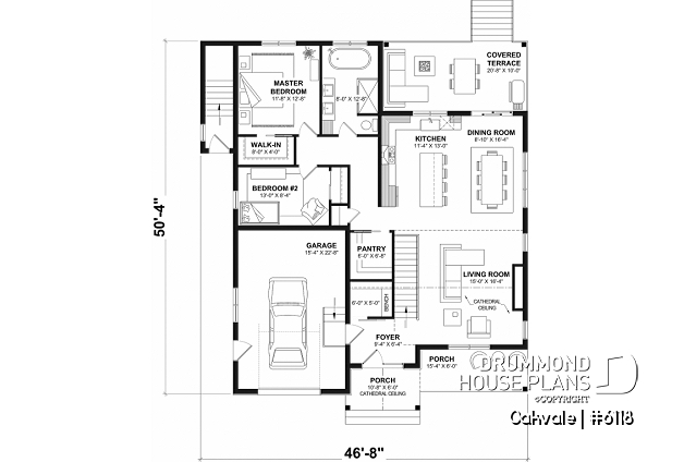 1st level - Country-style house plan with 2 to 4 bedrooms, optional finished basement ($), garage, open floor plan - Oakvale