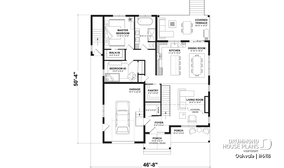 1st level - Country-style house plan with 2 to 4 bedrooms, optional finished basement ($), garage, open floor plan - Oakvale