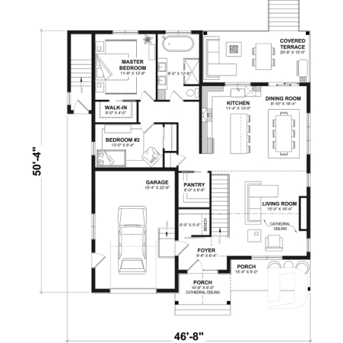 1st level - Country-style house plan with 2 to 4 bedrooms, optional finished basement ($), garage, open floor plan - Oakvale