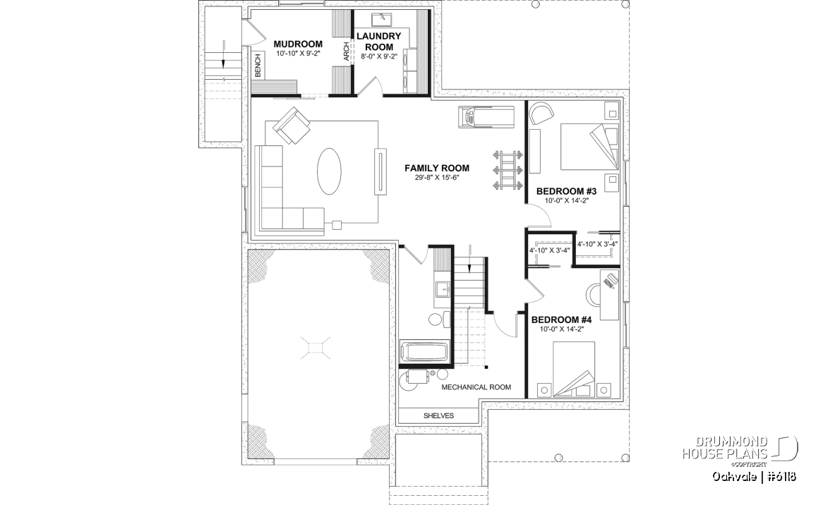 Finished basement (Optional $) - Country-style house plan with 2 to 4 bedrooms, optional finished basement ($), garage, open floor plan - Oakvale