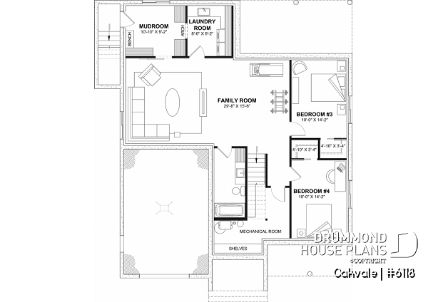 Finished basement (Optional $) - Country-style house plan with 2 to 4 bedrooms, optional finished basement ($), garage, open floor plan - Oakvale