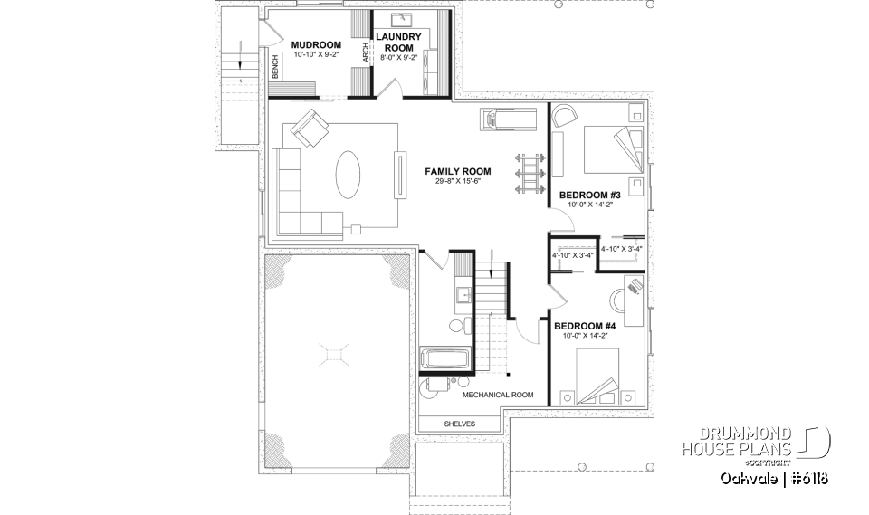 Finished basement (Optional $) - Country-style house plan with 2 to 4 bedrooms, optional finished basement ($), garage, open floor plan - Oakvale
