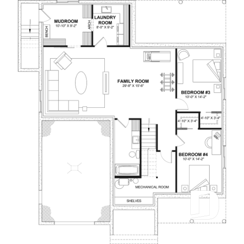 Finished basement (Optional $) - Country-style house plan with 2 to 4 bedrooms, optional finished basement ($), garage, open floor plan - Oakvale