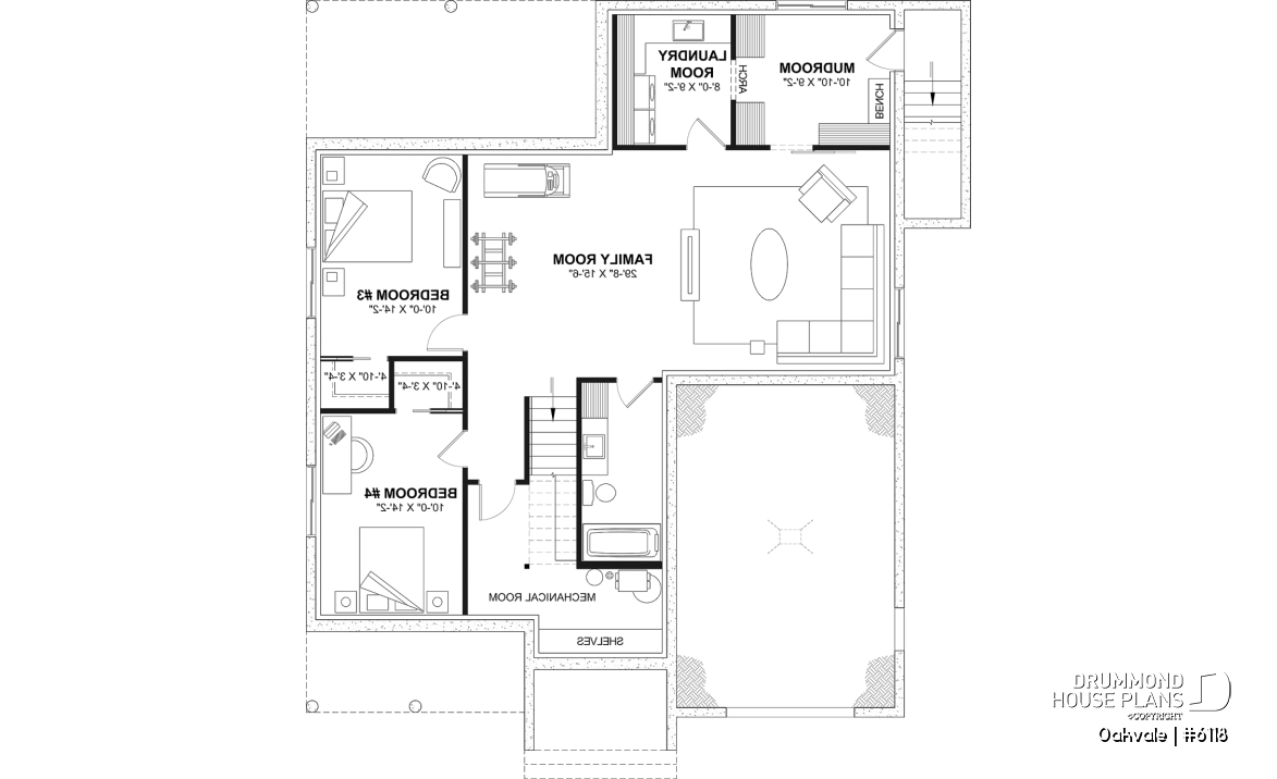 Finished basement (Optional $) - Country-style house plan with 2 to 4 bedrooms, optional finished basement ($), garage, open floor plan - Oakvale