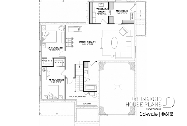 Finished basement (Optional $) - Country-style house plan with 2 to 4 bedrooms, optional finished basement ($), garage, open floor plan - Oakvale