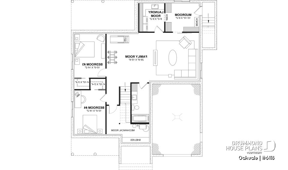 Finished basement (Optional $) - Country-style house plan with 2 to 4 bedrooms, optional finished basement ($), garage, open floor plan - Oakvale
