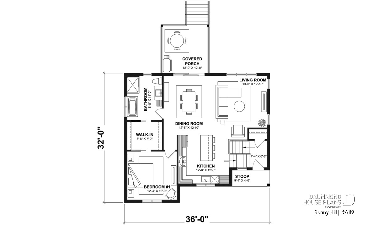 1st level - Split-level home plan with 4 bedrooms, 2 bathrooms, master on main level, covered rear terrace - Sunny Hill
