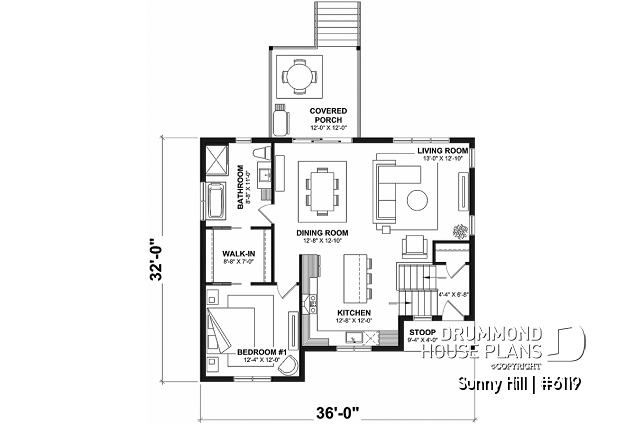 1st level - Split-level home plan with 4 bedrooms, 2 bathrooms, master on main level, covered rear terrace - Sunny Hill