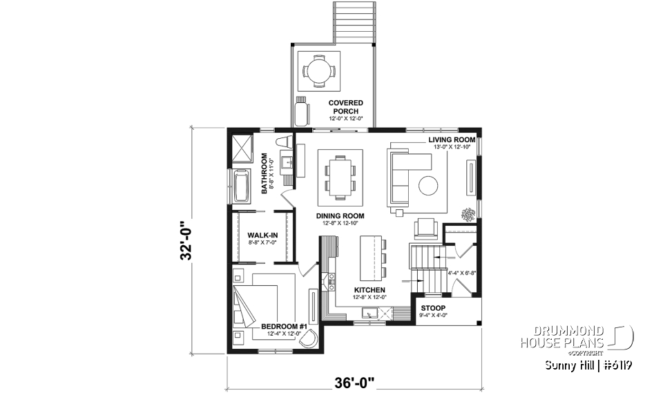 1st level - Split-level home plan with 4 bedrooms, 2 bathrooms, master on main level, covered rear terrace - Sunny Hill