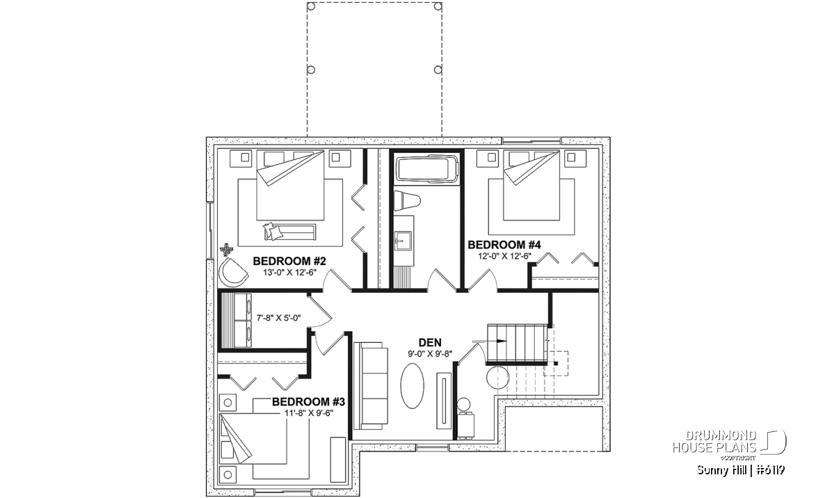 Basement - Split-level home plan with 4 bedrooms, 2 bathrooms, master on main level, covered rear terrace - Sunny Hill