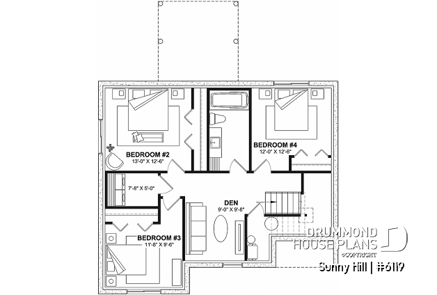 Basement - Split-level home plan with 4 bedrooms, 2 bathrooms, master on main level, covered rear terrace - Sunny Hill