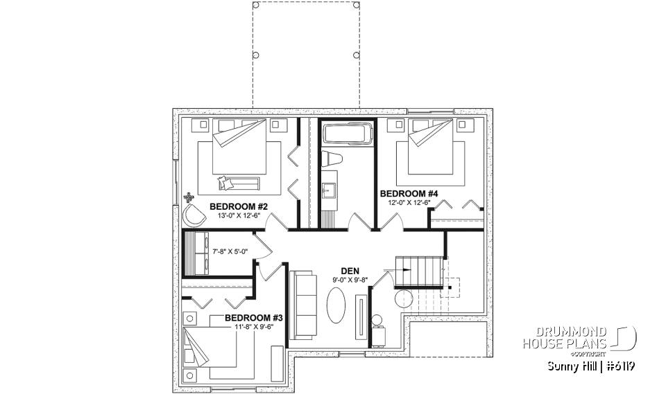 Basement - Split-level home plan with 4 bedrooms, 2 bathrooms, master on main level, covered rear terrace - Sunny Hill
