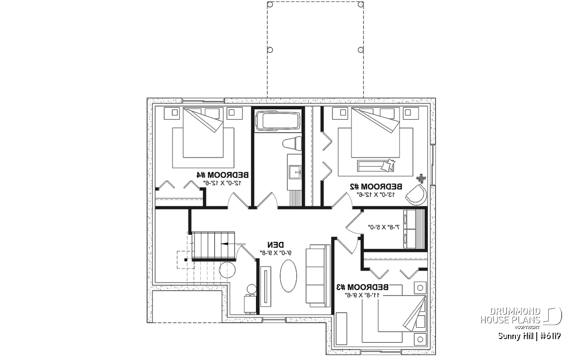 Basement - Split-level home plan with 4 bedrooms, 2 bathrooms, master on main level, covered rear terrace - Sunny Hill