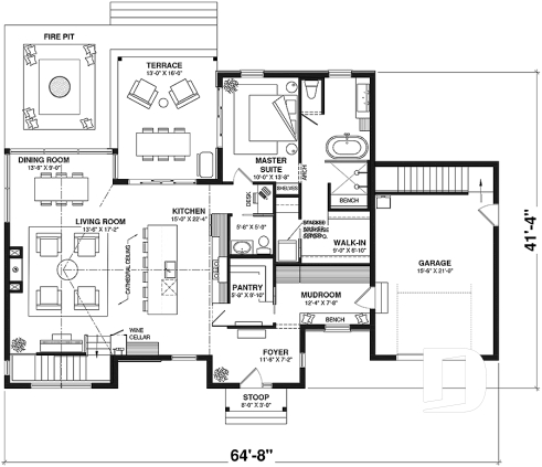 1st level - Scandinavian Style Open-Concept House Plan with Garage, 1 to 4 Bedrooms, and Optional Basement! - Pinot