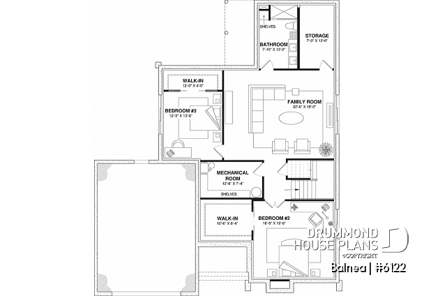Finished basement (Optional $) of house plan 6122 Finished basement (Optional $) - Scandinavian Home Plan – Sunroom, Fireplace, Luxurious Primary Suite & Finished Basement - Balnea