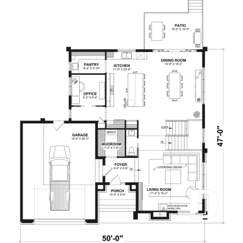 1st level - Modern Two-Story House Plan with Stunning Primary Suite, Cathedral Ceiling and STÛV Wood Stove - Balnea 2