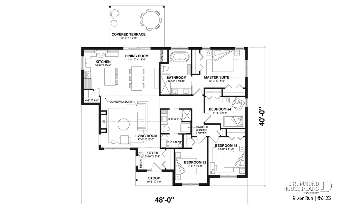 1st level - Single-storey floor plan, 4 bedrooms and 2 baths on main floor, open concept, coffee bar and sheltered terrace - River Run